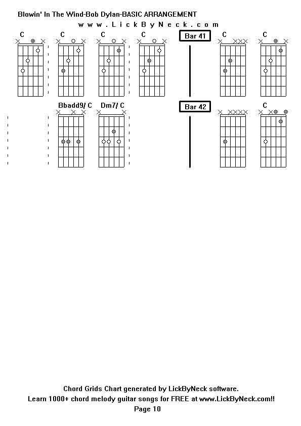 Chord Grids Chart of chord melody fingerstyle guitar song-Blowin' In The Wind-Bob Dylan-BASIC ARRANGEMENT,generated by LickByNeck software.